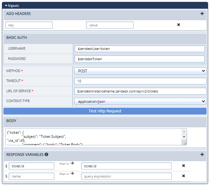 The Inputs section of the Configurations Panel for an External Web Call action